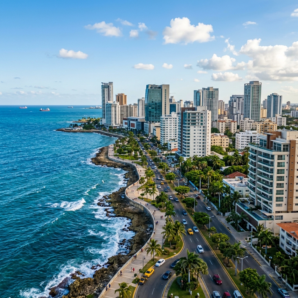 Modern city skyline of Santo Domingo overlooking the sea